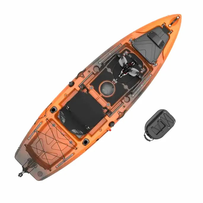 Top-down view of the Airow Marine Rotomolded HDPE Fishing Pedal Kayak in orange camouflage with full pedal drive, rudder system, and integrated storage hatches.