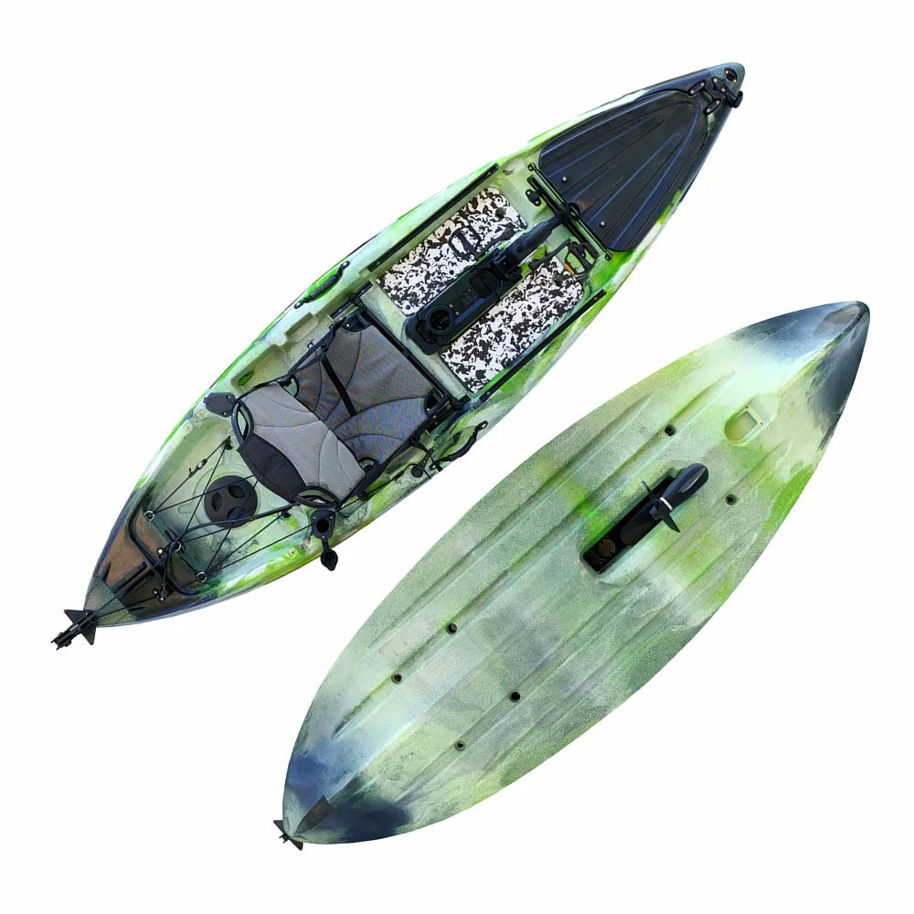 Aerial view of Airow Marine fishing kayak showing top deck with pedal drive system, integrated seat, and multiple storage compartments, alongside the hull's underside featuring rudder and propeller housing. Kayak features green and black camouflage pattern.