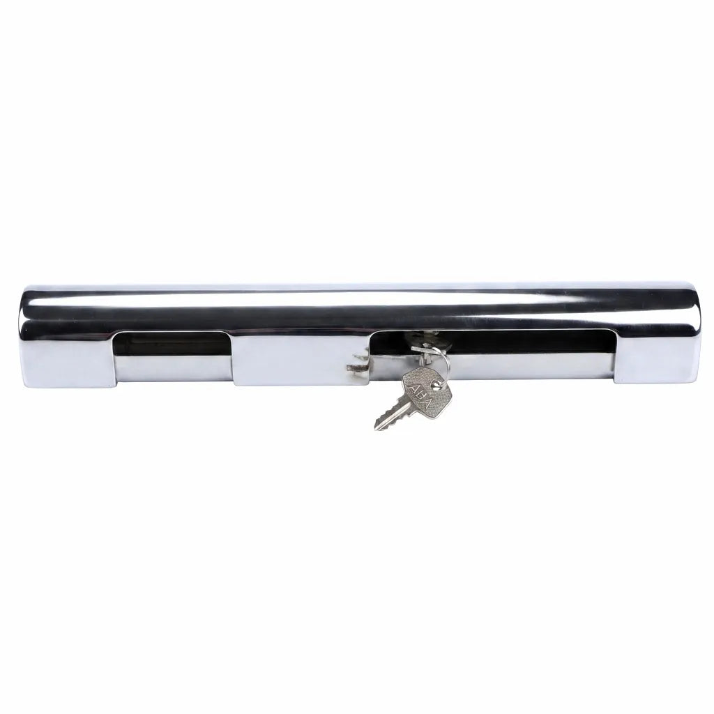 Airow Marine Polished Stainless Steel Outboard Motor Lock with Key on White Background