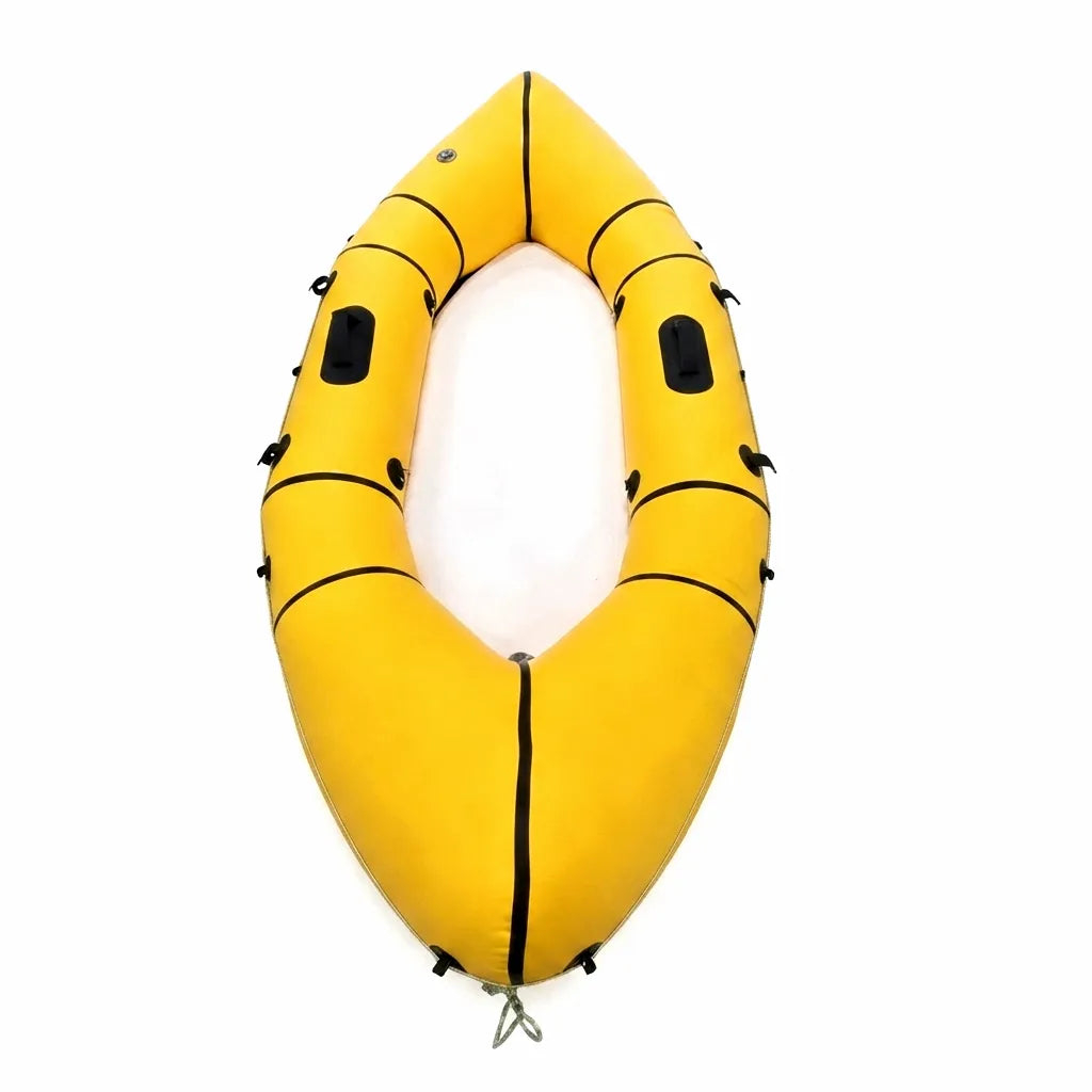 Top-down product view of the Airow Marine portable inflatable yellow packraft kayak featuring dual heavy-duty carrying handles and black welded seam reinforcements on a seamless white background.