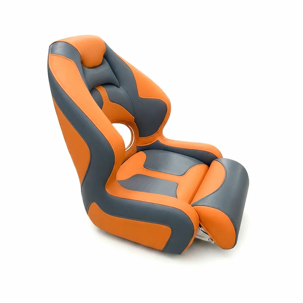 Airow Marine premium bolster helm seat styled in vibrant marine-grade orange and gray textured vinyl on a clean white background.