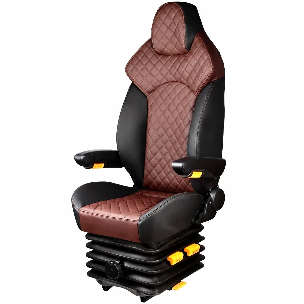 Airow Marine professional suspension operator seat featuring black and brown diamond-stitched marine-grade vinyl upholstery, ergonomic headrest, adjustable armrests, and a robust shock-absorbing base with adjustment levers, isolated on a white background.