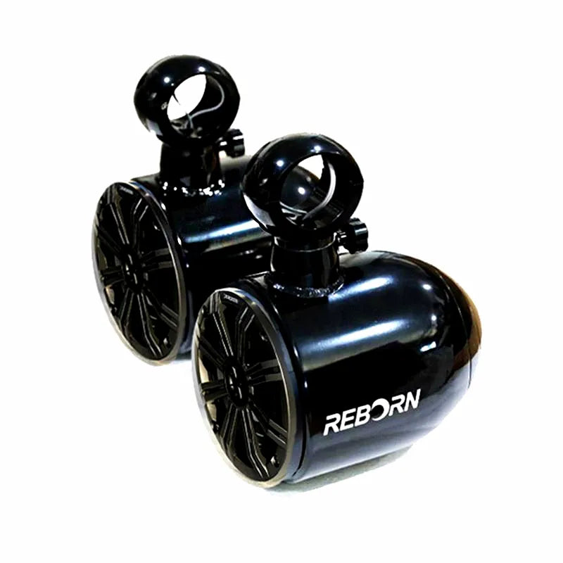 Pair of Reborn 6.5-inch waterproof marine wakeboard tower speakers in gloss black finish with 360-degree swivel mounts on a clean white background.