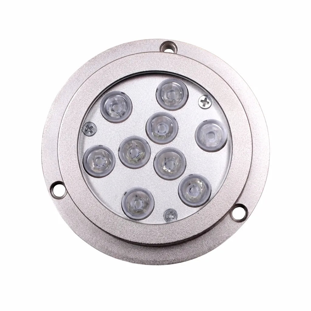 High-power 316 marine-grade stainless steel underwater LED boat light, 12V-24VDC, flush mount with 9 CREE LEDs.