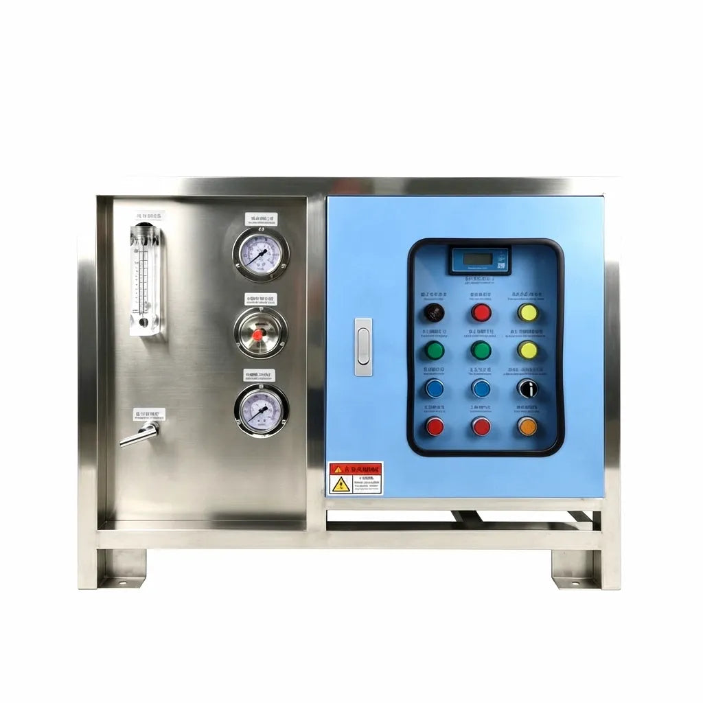 AIROW Marine Reverse Osmosis Seawater Desalination System with 304 Stainless Steel Housing and Blue Control Panel, showcasing gauges and operational buttons