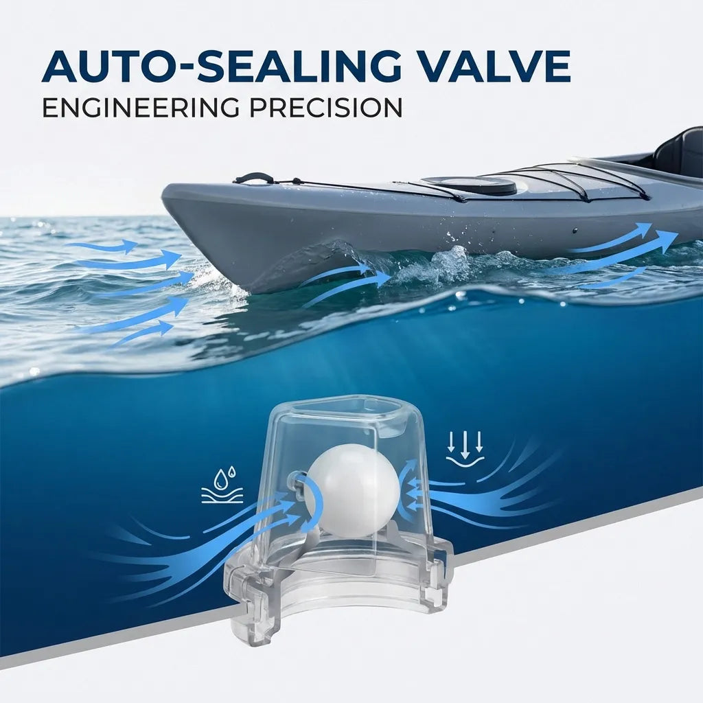 Cross-section visualization of the auto-sealing valve installed in a kayak hull, demonstrating real-time water exclusion during navigation.