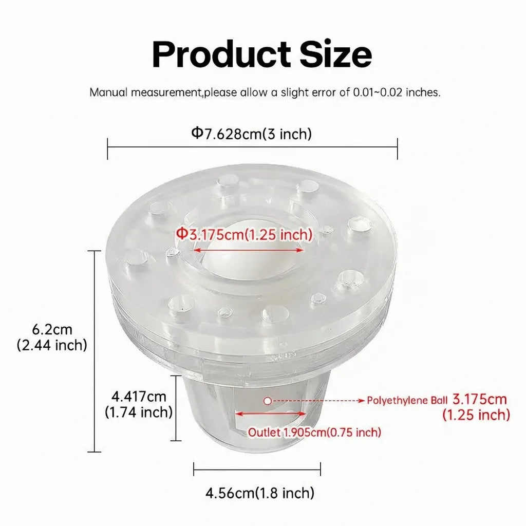 Detailed dimensional specification sheet showing 3-inch outer diameter, 1.25-inch ball size, and 1.8-inch outlet width for the scupper assembly.