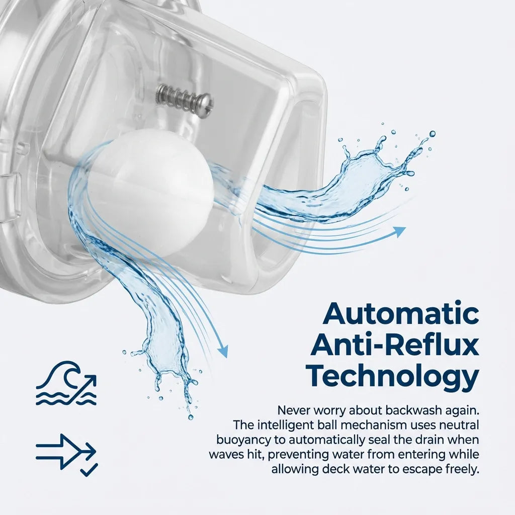 Technical illustration of the automatic anti-reflux technology using a ball mechanism to seal against backwash while allowing deck water to escape.