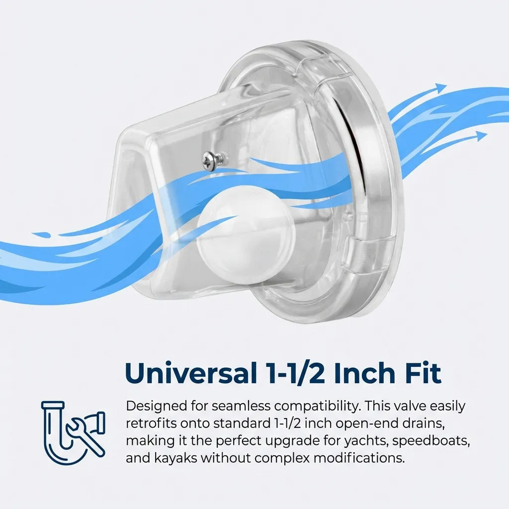 Diagram showing the universal 1-1/2 inch fitment of the scupper valve, detailing its compatibility with standard yacht and kayak open-end drains.
