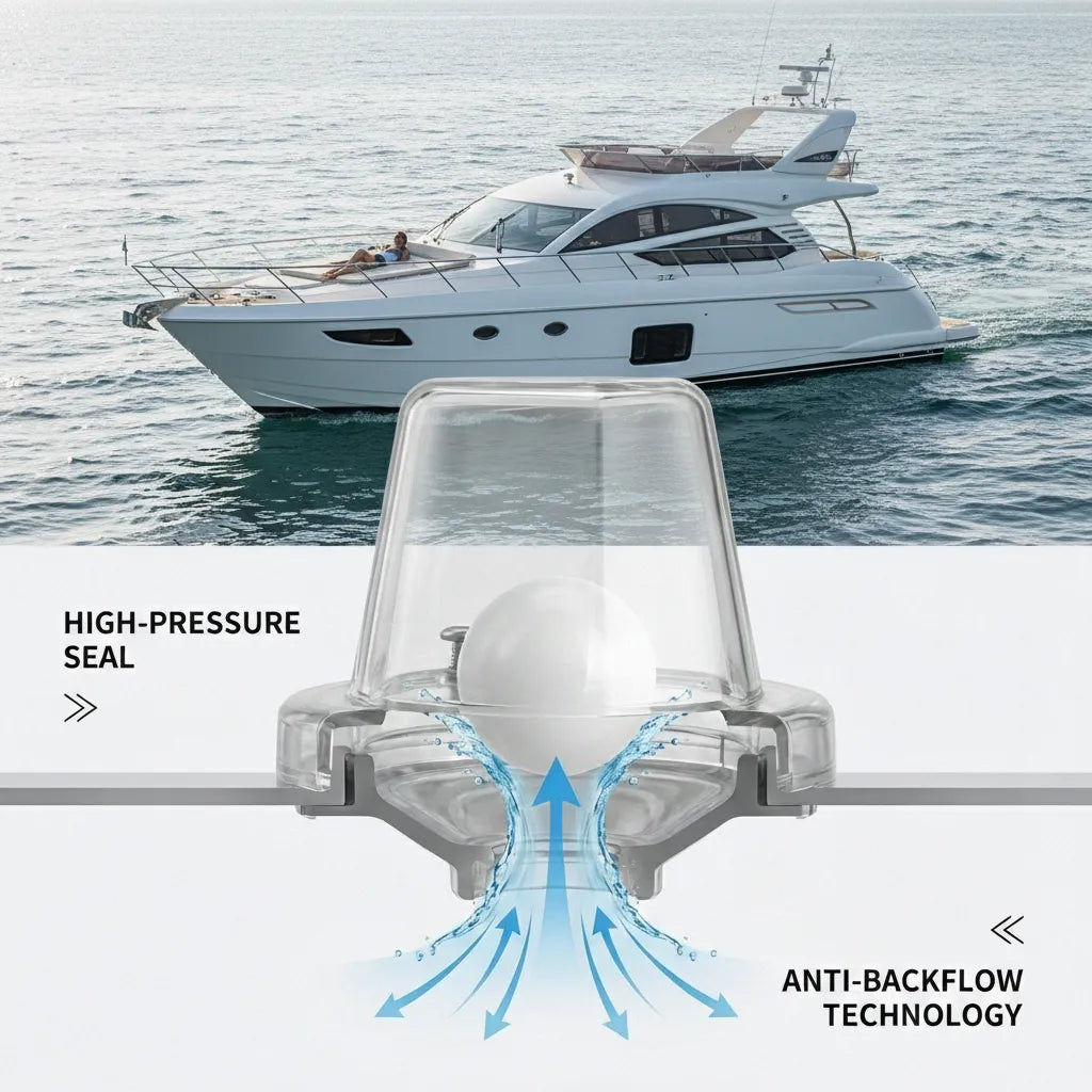 Cutaway view of the scupper valve mounted on a yacht transom showing the high-pressure seal preventing saltwater backflow.