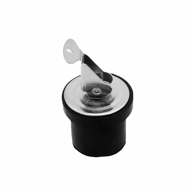 Hero shot of a marine-grade boat drain plug featuring a polished 304 stainless steel T-handle cam mechanism and a heavy-duty black neoprene rubber expansion body on a white background.