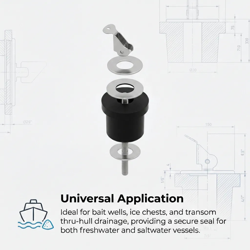 Exploded view diagram showing the assembly of stainless steel washers, brass components, and neoprene plug, labeled for universal application in bait wells, ice chests, and transom drainage.