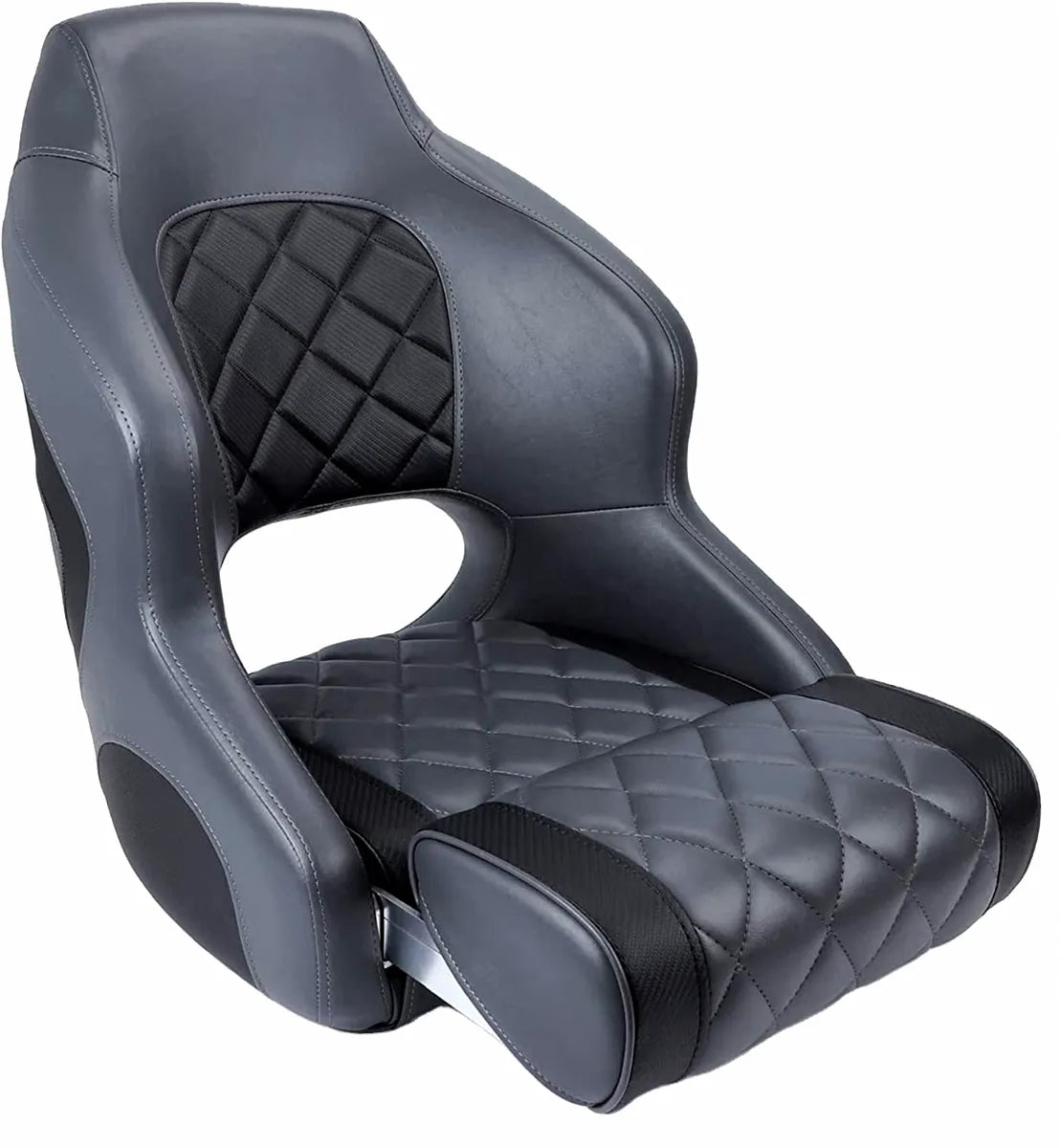 High-end gray and black marine captain's seat with diamond-stitched accents and ergonomic design for boats.