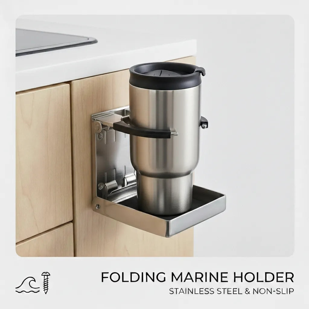 Wall-mounted stainless steel holder on a wooden RV cabinet supporting a large insulated travel tumbler with secure retention.