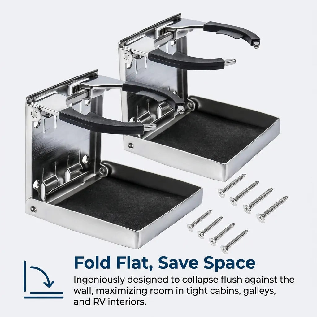 Comparison of two stainless steel cup holders showing folded and unfolded states with included mounting screws, highlighting the compact low-profile design.