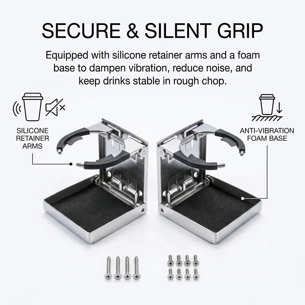 Diagram showing the secure and silent grip features including silicone retainer arms and anti-vibration foam base to eliminate rattling in rough water.