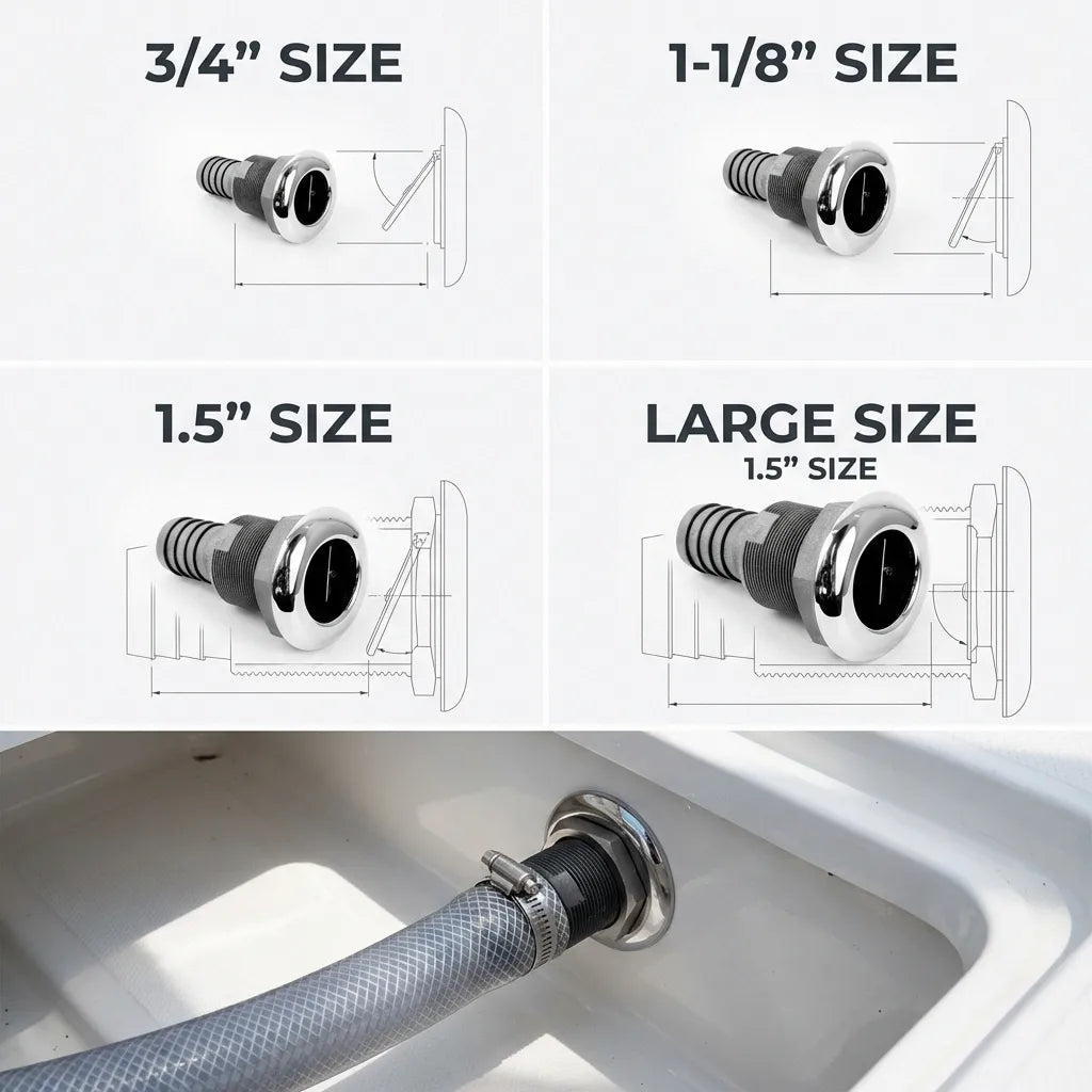 Cross-section and real-world installation detail showing the internal flapper valve and a reinforced hose secured with a stainless steel clamp to the barbed fitting.