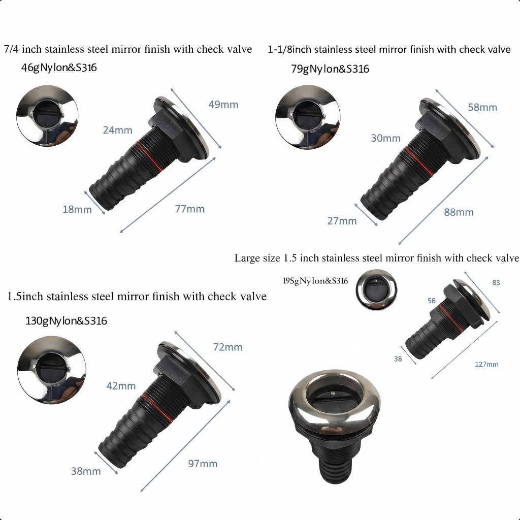Engineering spec sheet detailing dimensions in millimeters and weights in grams for 3/4 inch (46g), 1-1/8 inch (79g), 1.5 inch (130g), and Large 1.5 inch variants.