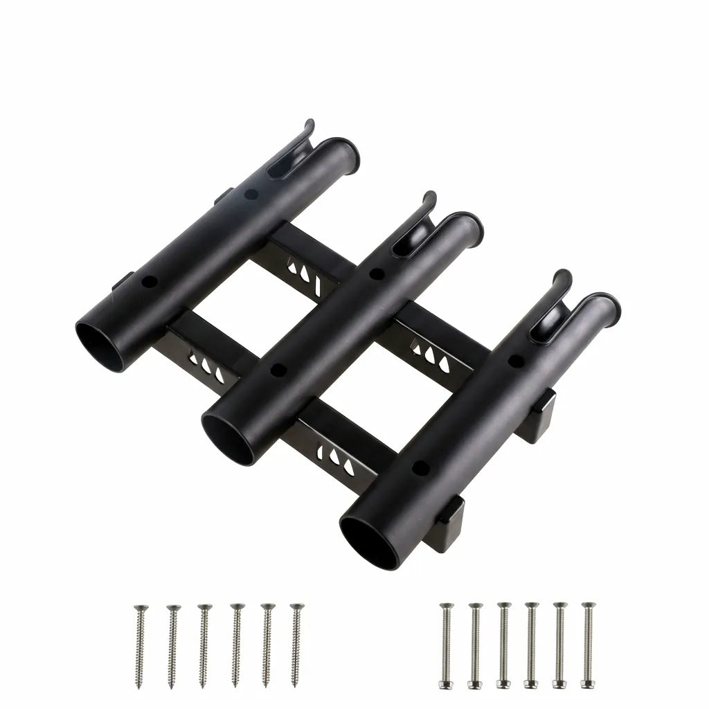 Main hero shot of the Airow Marine Triple Fishing Rod Holder in matte black carbon-ABS composite with 12 stainless steel mounting screws on a white background.