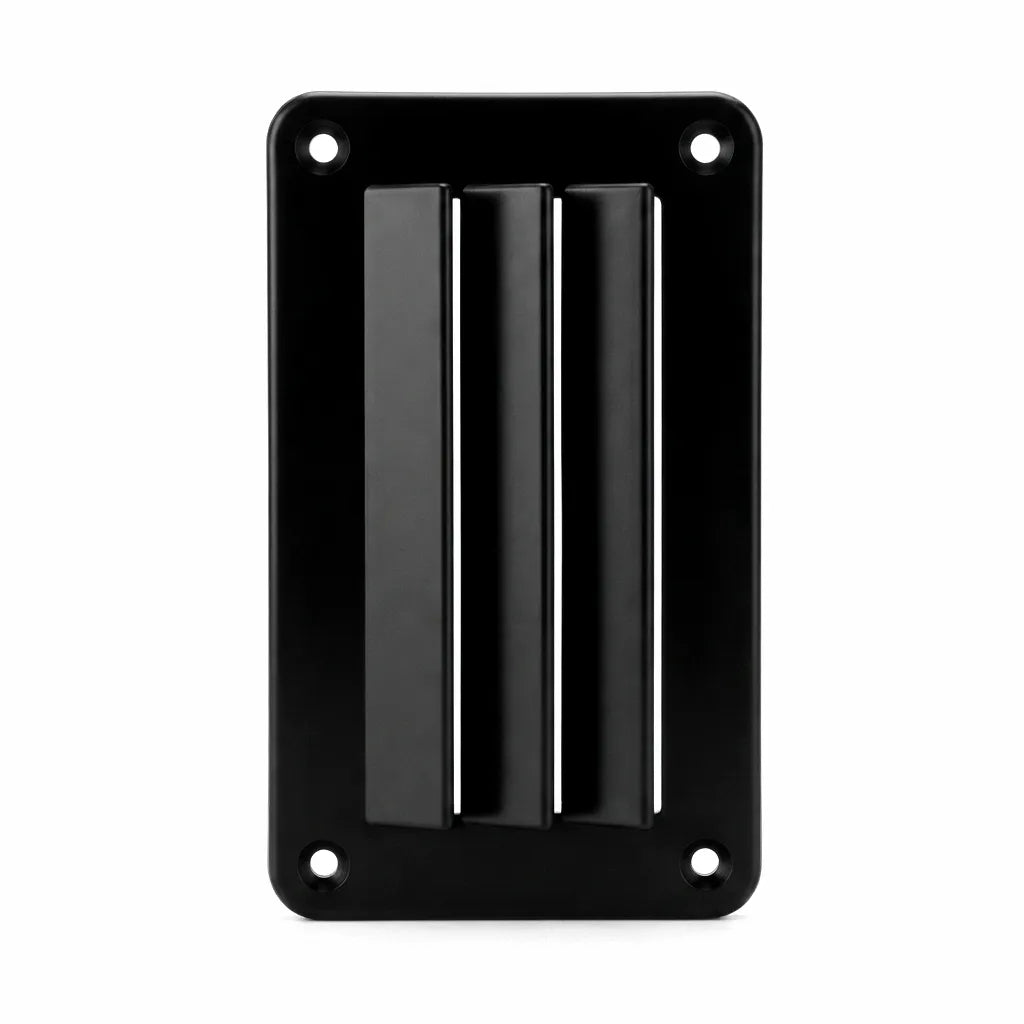 Airow Marine Black Yacht Louvered Air Outlet Cover made from Marine-Grade Nylon and ABS Plastic, featuring a matte finish and three mounting points.