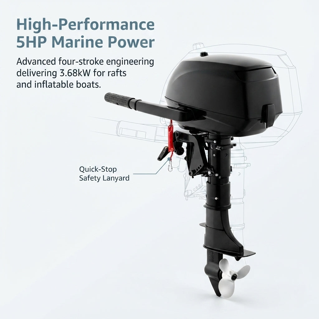 Hideo 5HP Four-Stroke Outboard Motor - Water Cooled, Tiller Control for Inflatable Boats