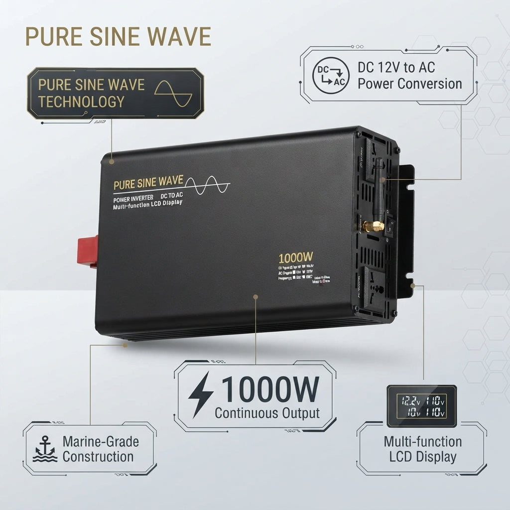 AirowMarine 1000W Pure Sine Wave Marine Inverter - 12V DC to AC Off-Grid Power