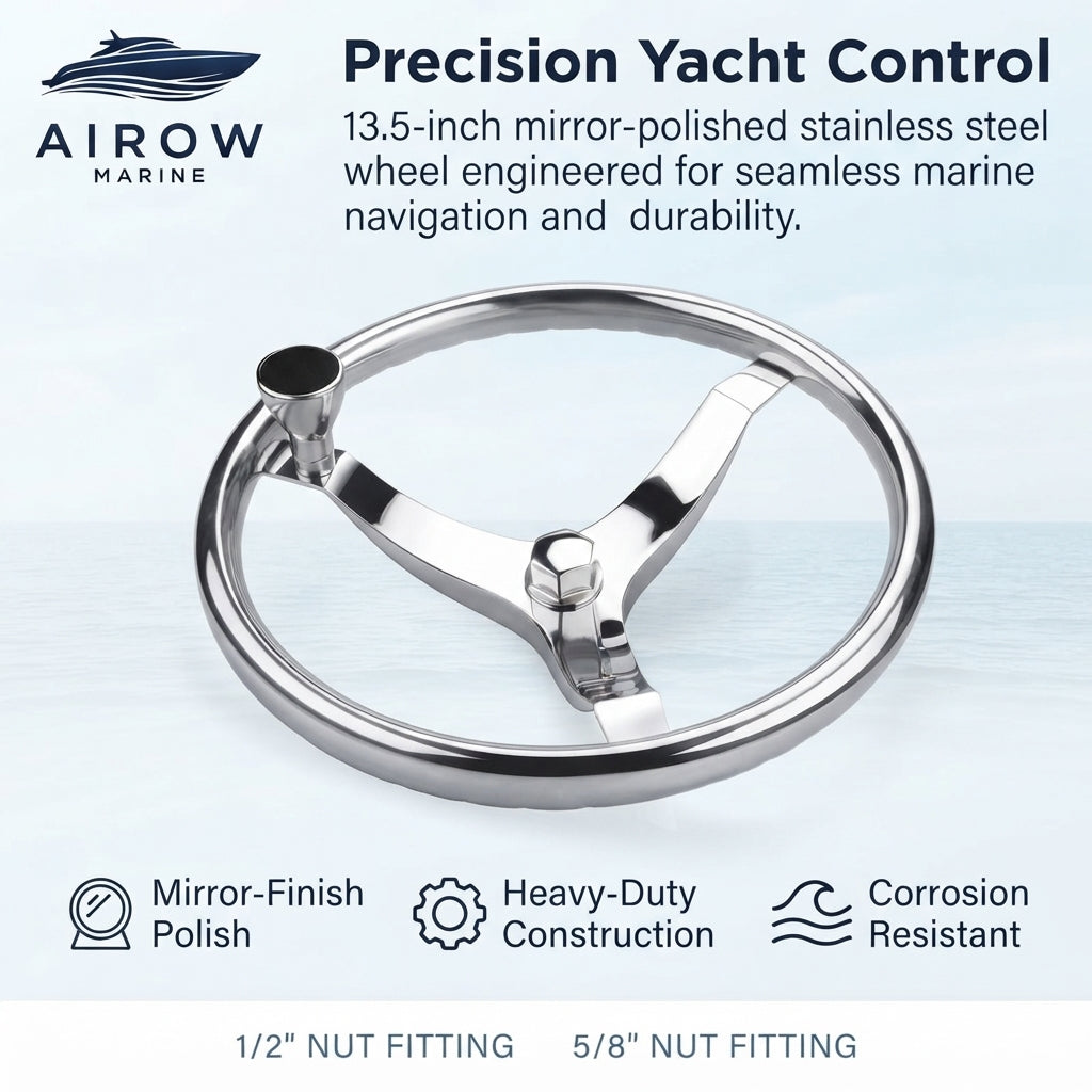 AirowMarine 13.5-inch 3-Spoke Marine Steering Wheel - Mirror Polish 316 Stainless Steel