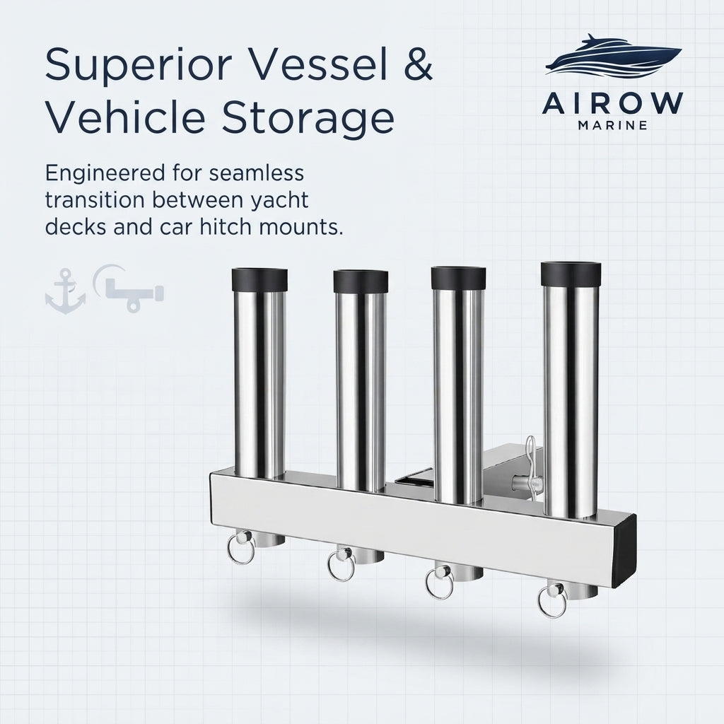 Airow Marine 4-Rod Hitch Mount Fishing Rod Rack - Polished 304 Stainless Steel (Universal Fit)