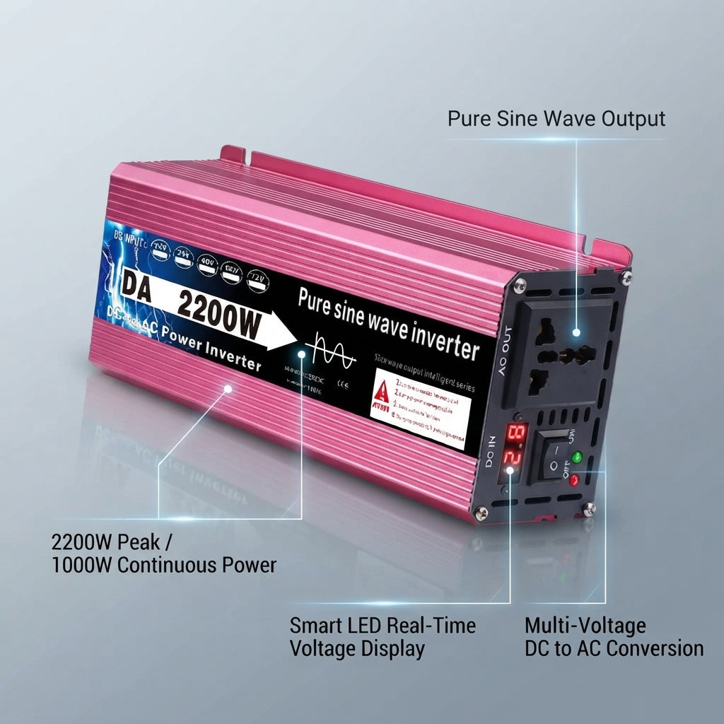 Airow Marine 2200W Pure Sine Wave Inverter - Multi-Voltage DC to AC Power (27x11x7cm)
