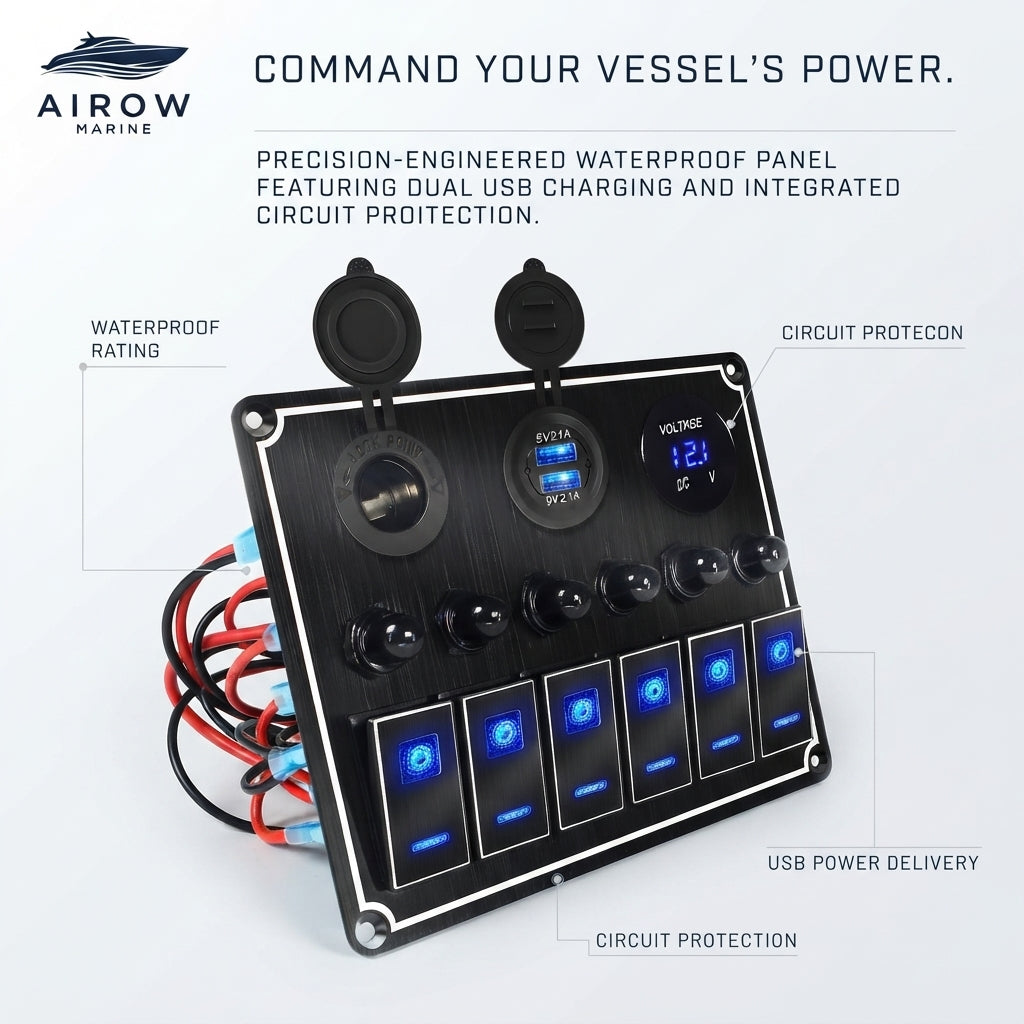 Airow Marine 6-Gang IP67 Waterproof Switch Panel - Dual USB & Voltmeter