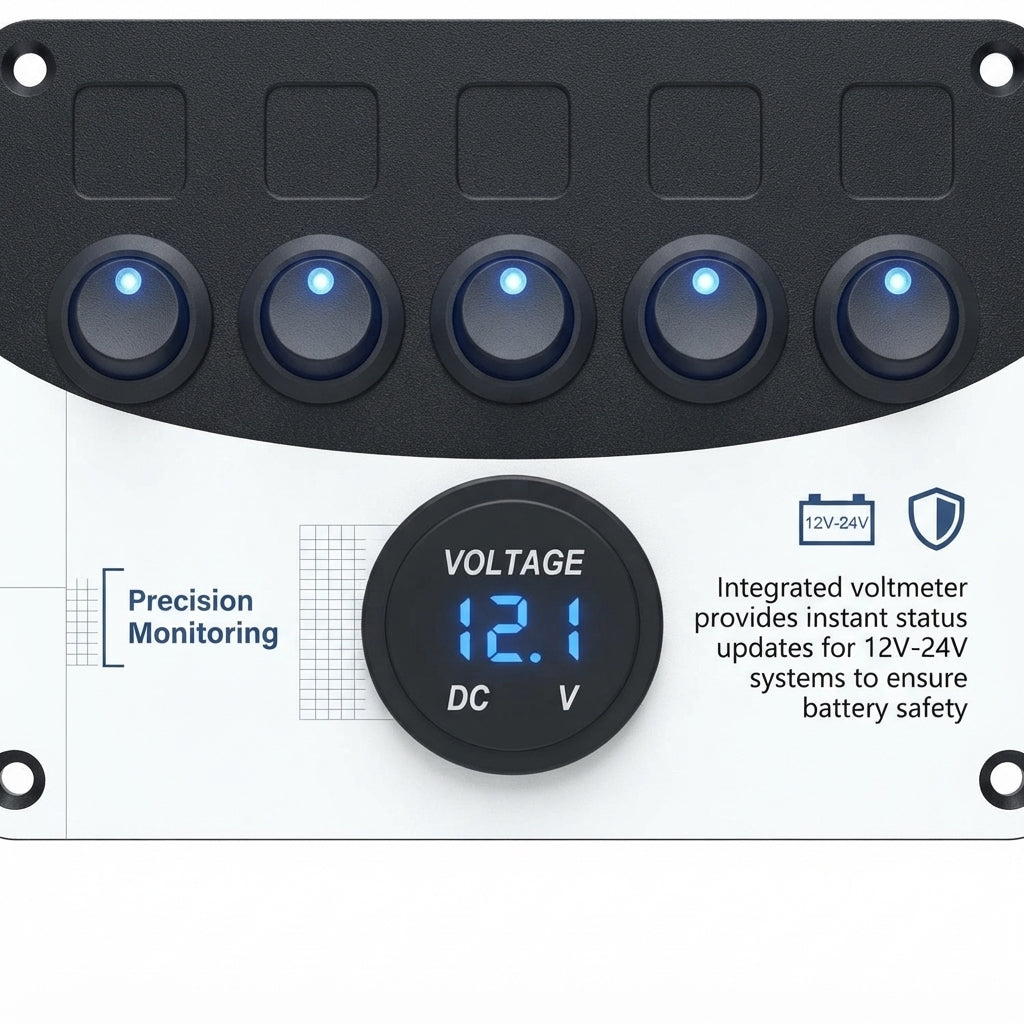Marine 5-Button Switch Panel - Dual USB, Voltmeter & Cigarette Lighter 12-24V