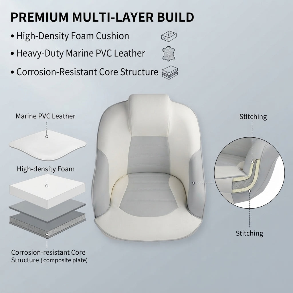 Premium Marine Yacht Bucket Seat – Water-Resistant PVC Leather, Fiberglass Base (57x52x56cm) – detail view