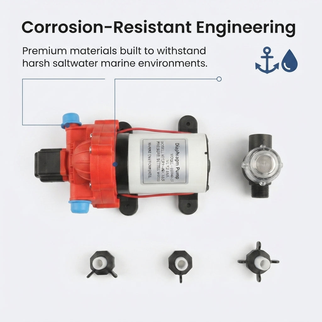 AirowMarine 12V DC Diaphragm Pump – 3.0 GPM, 45 PSI – Saltwater Ready – detail view