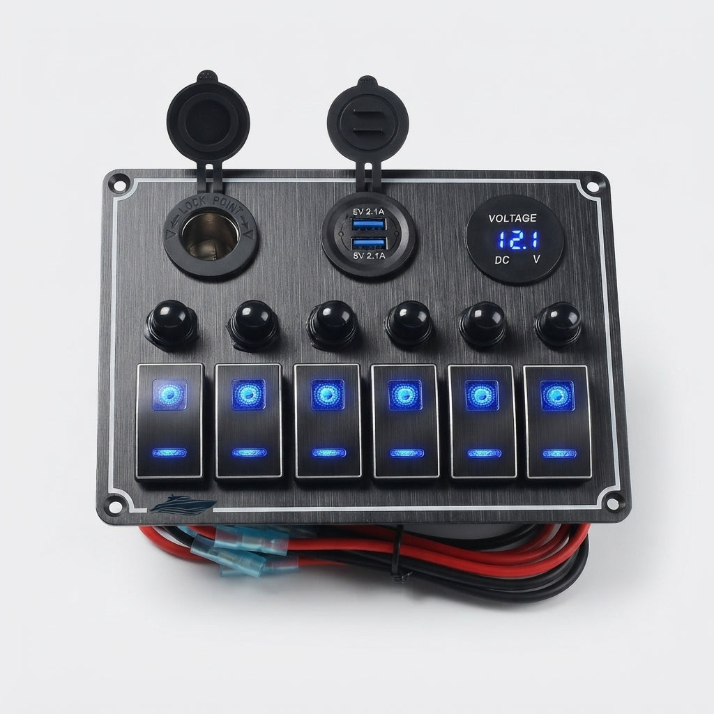 Airow Marine 6-Gang IP67 Waterproof Switch Panel - Dual USB & Voltmeter