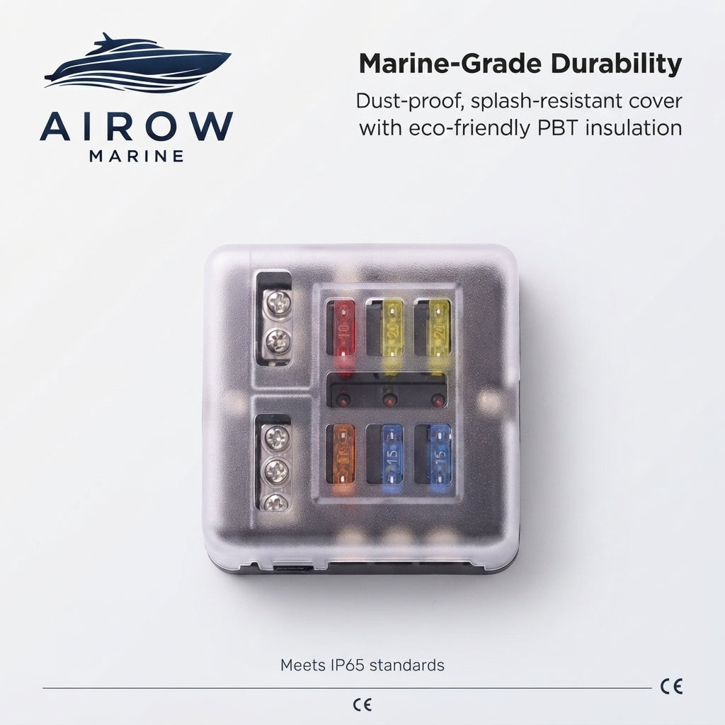 6-Circuit Water-Resistant Marine Fuse Box with LED Indicators – 12-24V DC – detail view