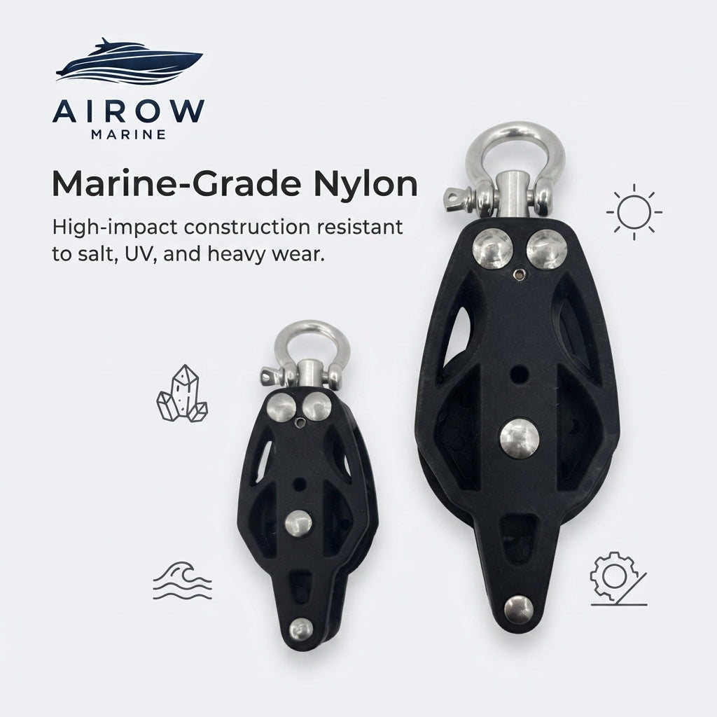 Black Nylon Sailing Pulley – High-Performance Low-Friction (100mm) – detail view