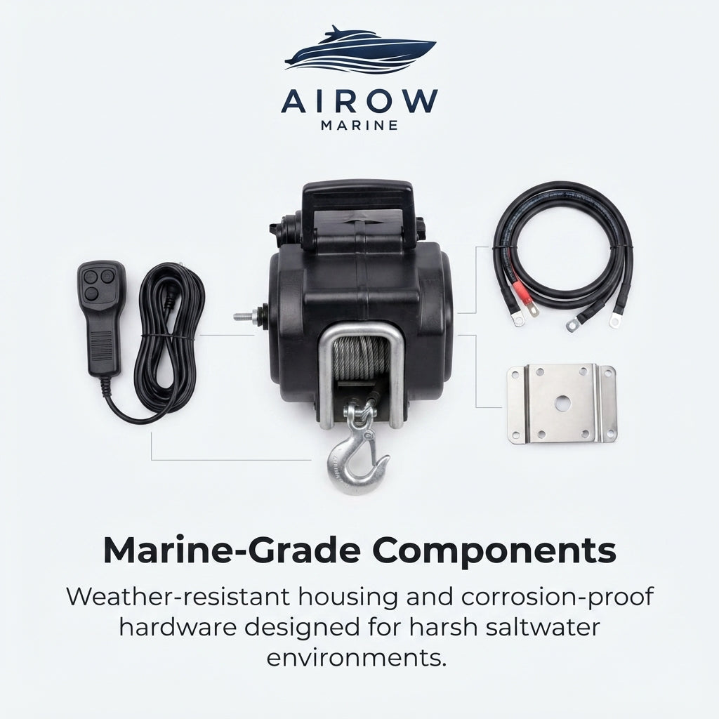 AirowMarine 2,000LB 12V Electric Marine Winch – Heavy-Duty Steel Cable – detail view