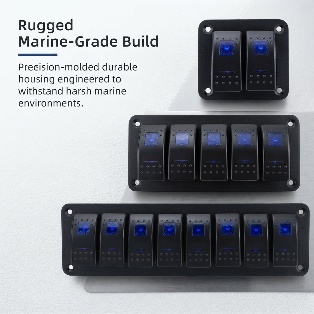 Marine Rocker Switch Panel - Blue LED Backlit, 12-24V DC Multi-Gang