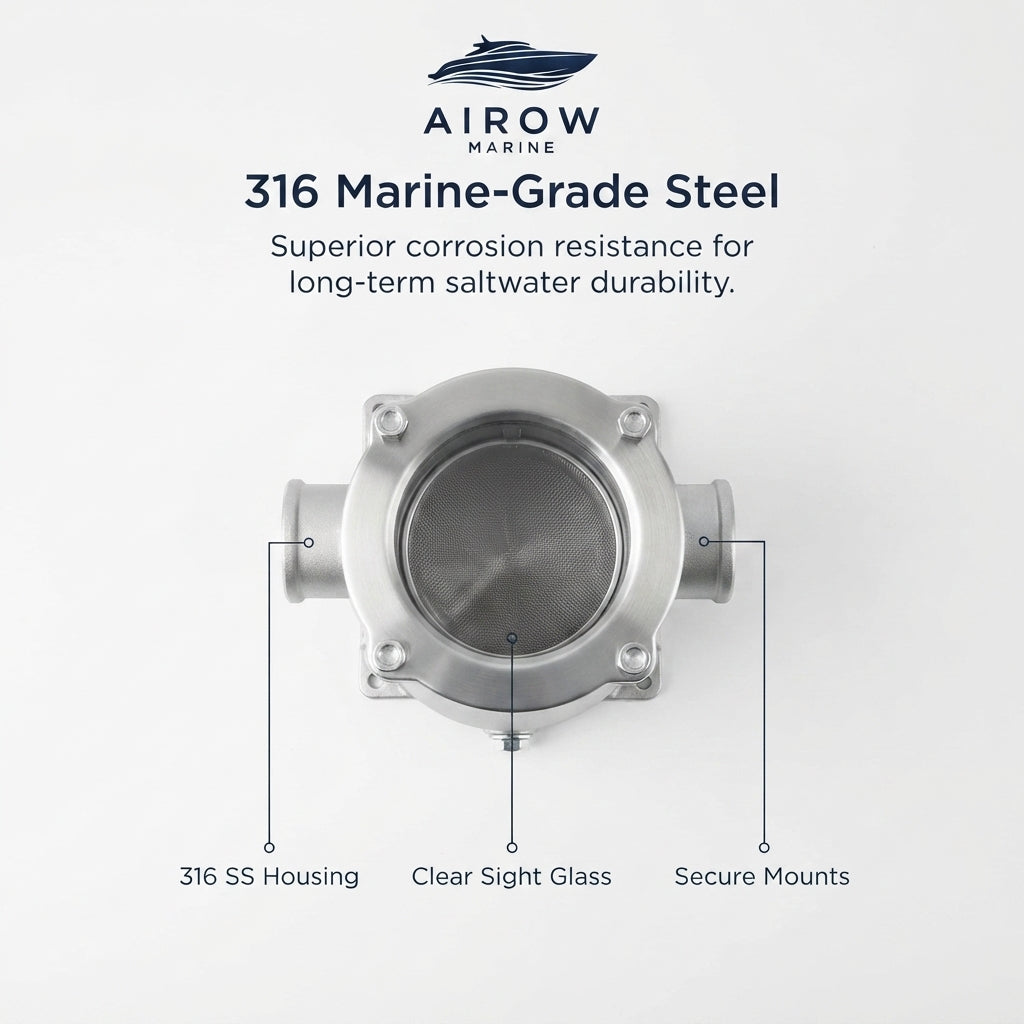 Airow Marine 316 Stainless Steel Seawater Filter - High-Flow Corrosion Proof (32mm Port)