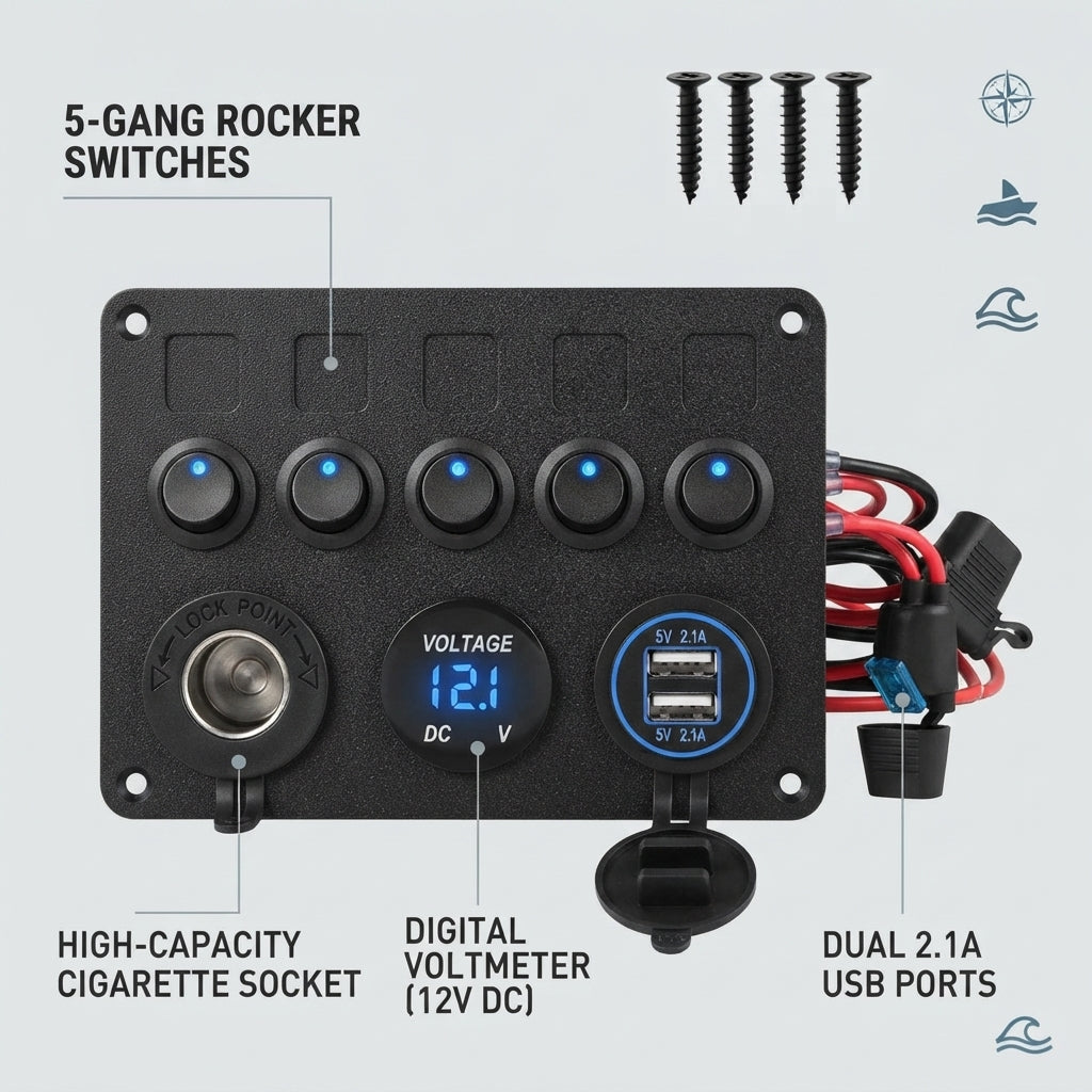 Marine 5-Button Switch Panel - Dual USB, Voltmeter & Cigarette Lighter 12-24V