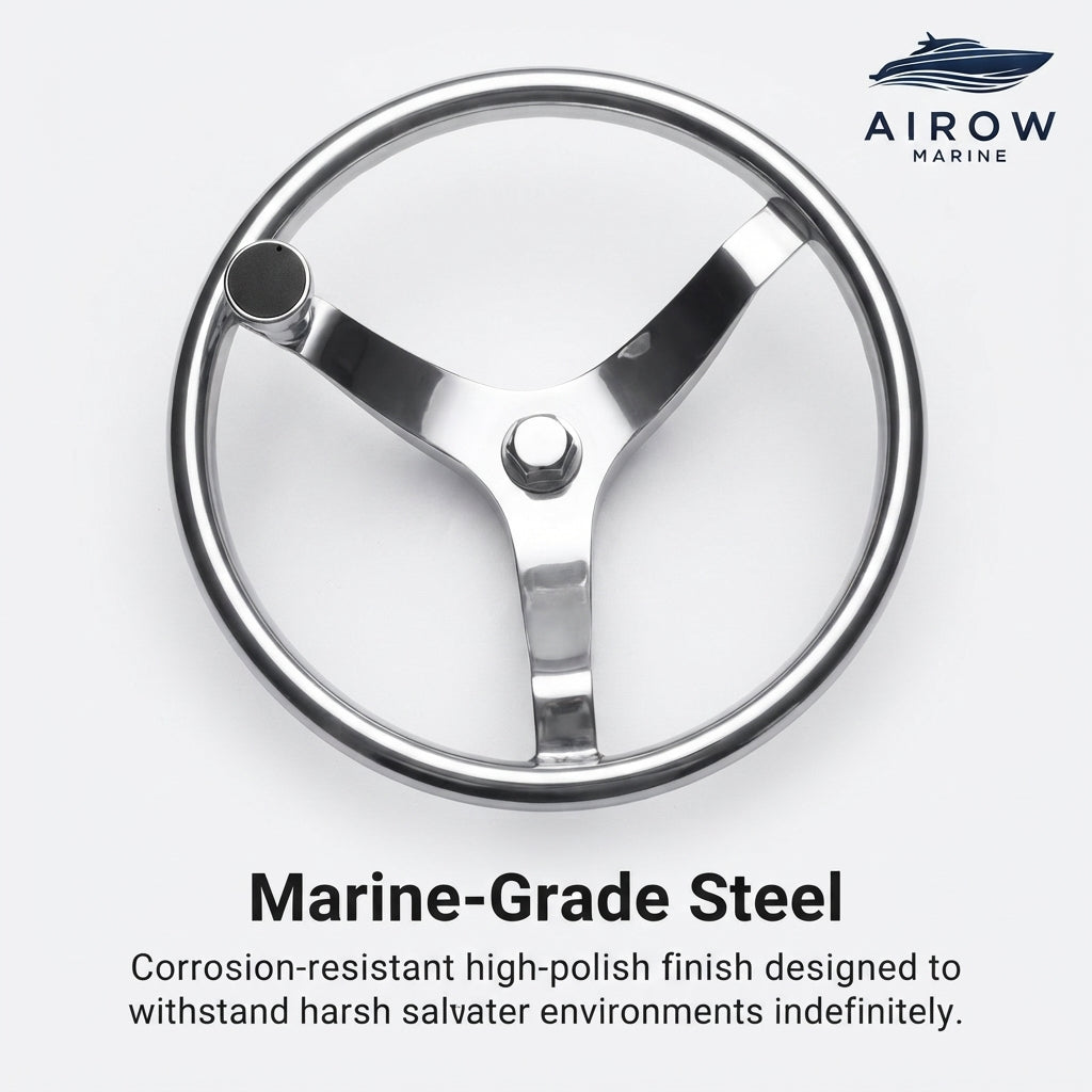 AirowMarine 13.5-inch 3-Spoke Marine Steering Wheel - Mirror Polish 316 Stainless Steel