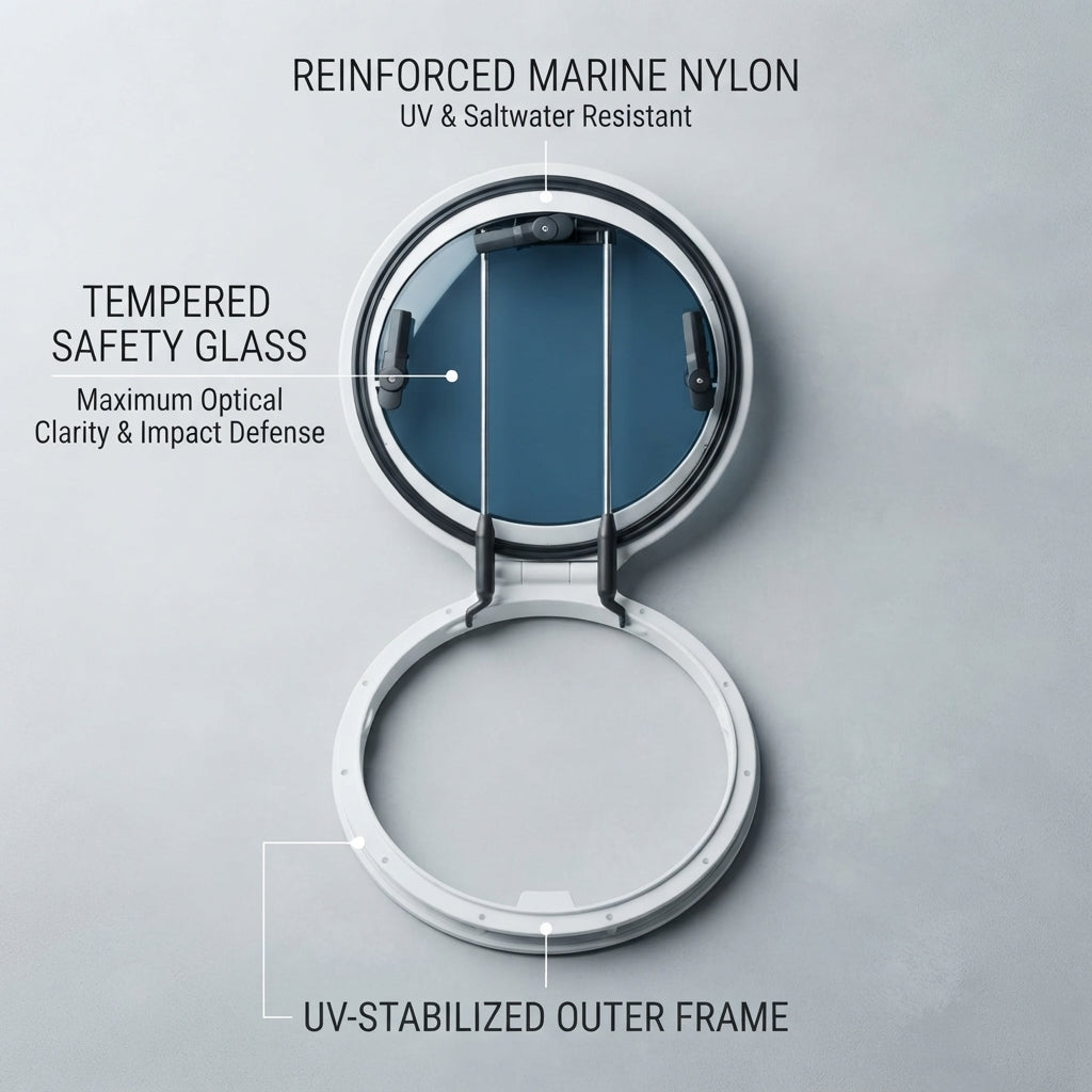 625 mm Round Marine Porthole – White Nylon Frame, Tempered Glass