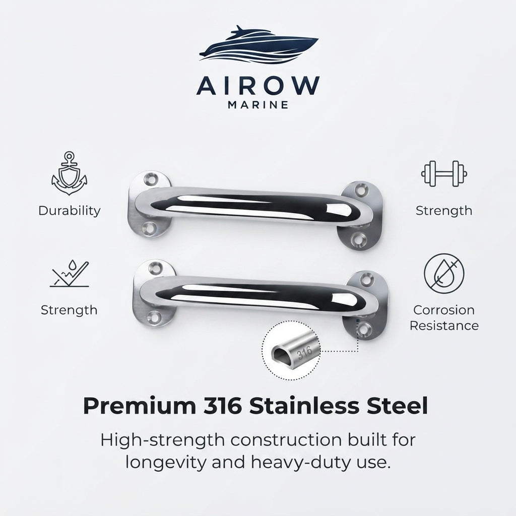 AirowMarine 316 Stainless Steel Grab Handles - Mirror Polished, Marine Grade (235mm)