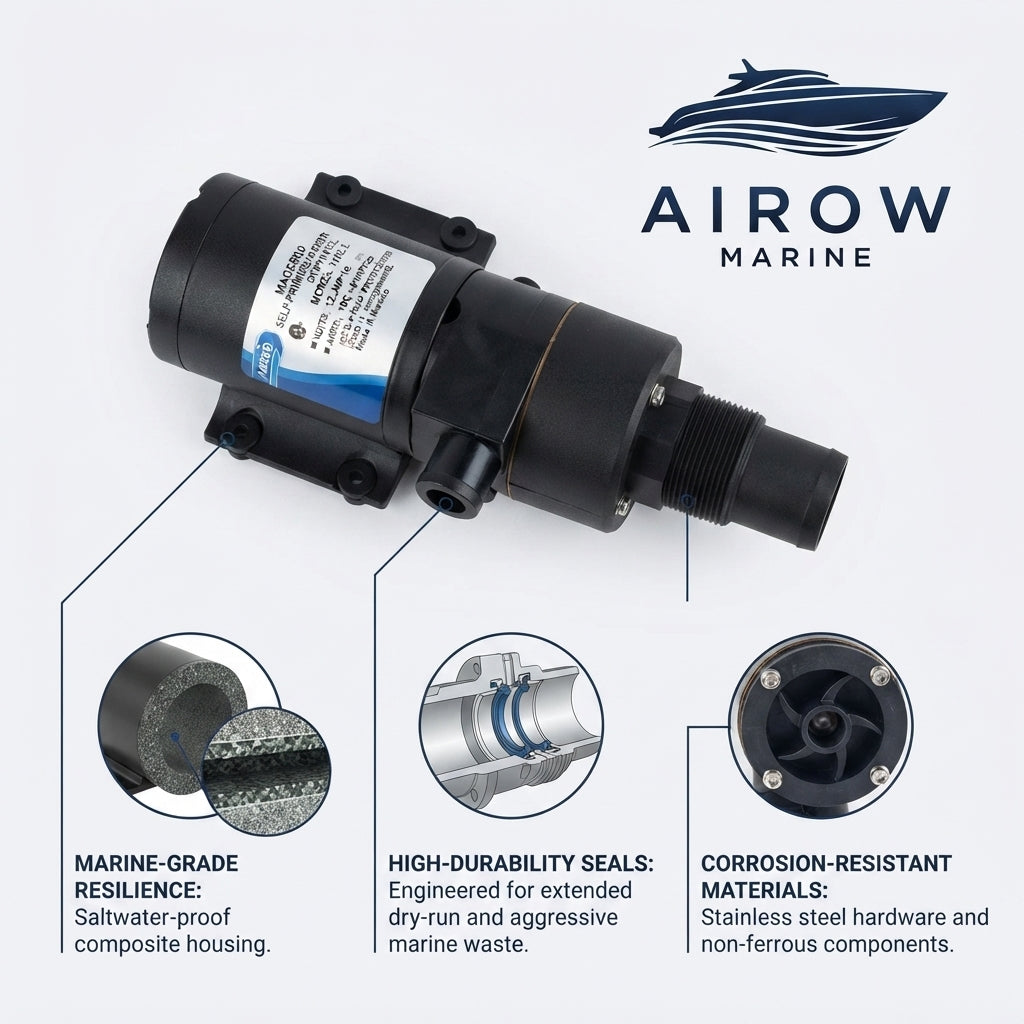 AIROW Marine Macerator Sewage Pump - 12V/24V Cut-Type Impeller, Anti-Clog (38mm Inlet)