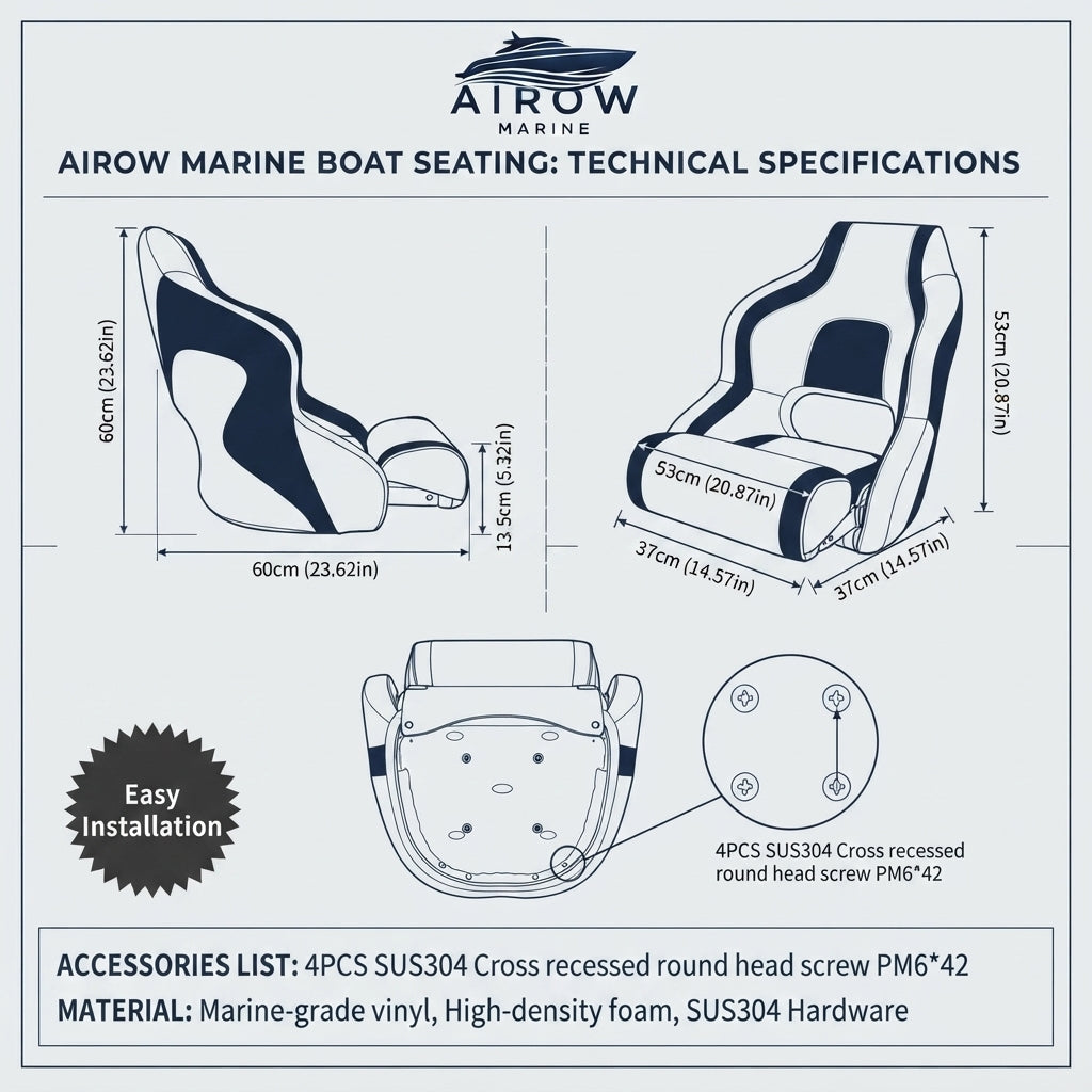 Airow Marine Waterproof PVC Boat Seat - Integrated Leg Rest (60x60x53cm)