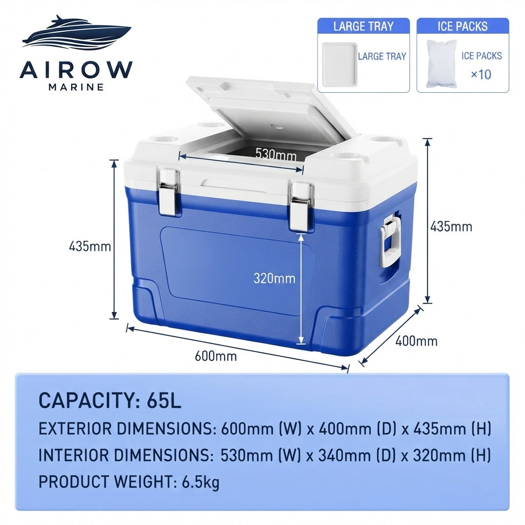 Airow Marine 65L Heavy-Duty Insulated Cooler - Commercial Saltwater Fishing & Outdoor