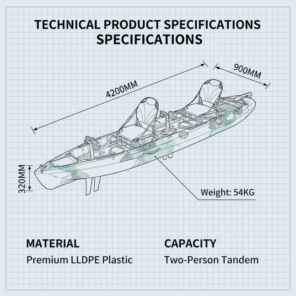14FT Tandem Pedal Fishing Kayak – LLDPE Rotomolded (Two-Person) – dimensions and specifications