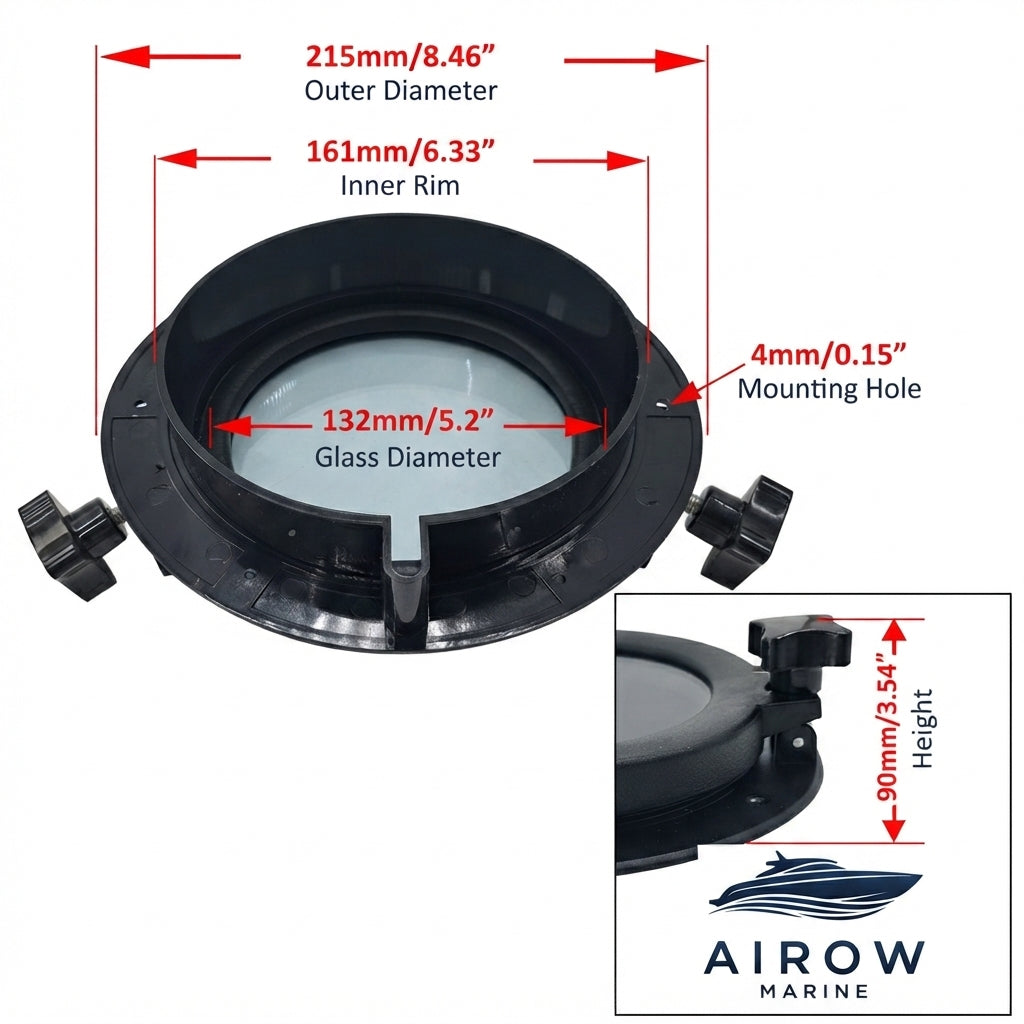 AirrowMarine Round Porthole – UV-Resistant Watertight Design for Boats & RVs (215MM) – dimensions and specifications