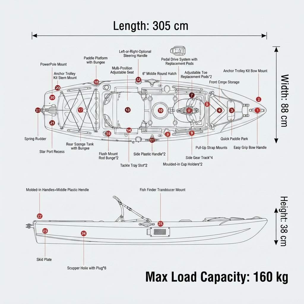 AirowMarine Pedal Fishing Kayak – Rotomolded HDPE, Hands-Free (305cm) – dimensions and specifications