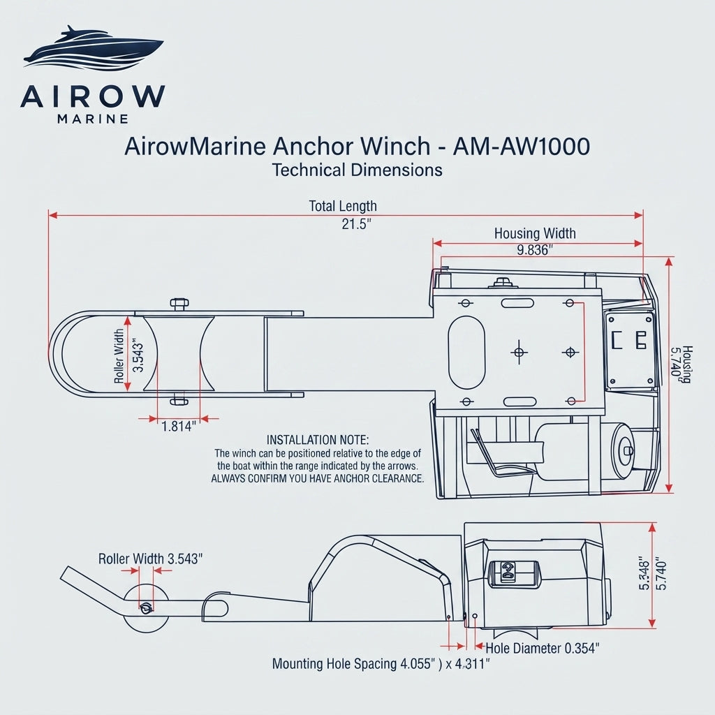 12V Wireless Electric Anchor Winch – Freshwater 16kg Capacity (AC35 Model) – dimensions and specifications